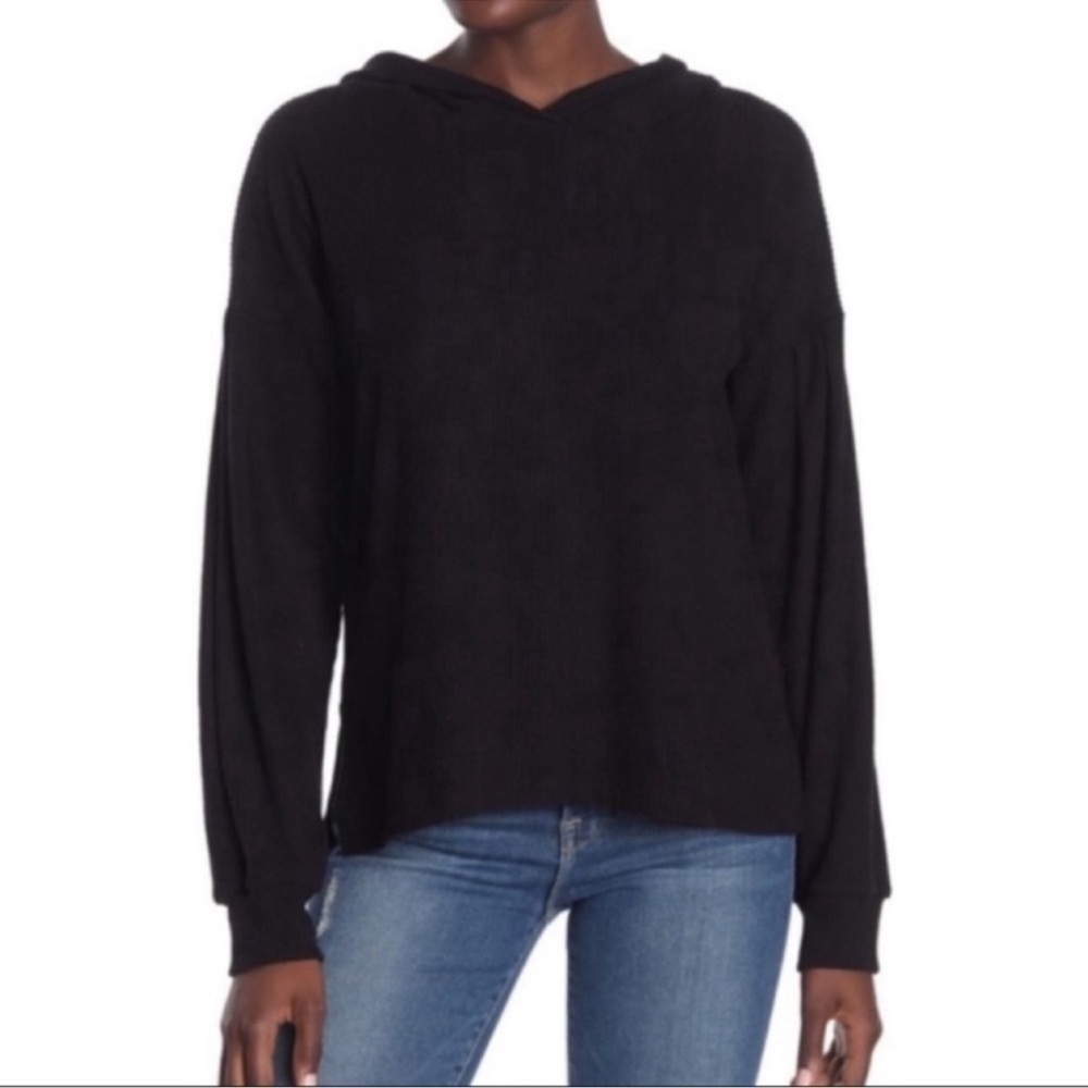 Project Social T Black Ribbed Balloon Dolman Sleeves Thin Knit Hoodie Top S New